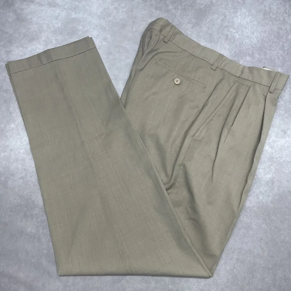 Jos A Bank Travelers Men's 36W x 34L Olive Wool Dress Pants Pleated Front Cuffed